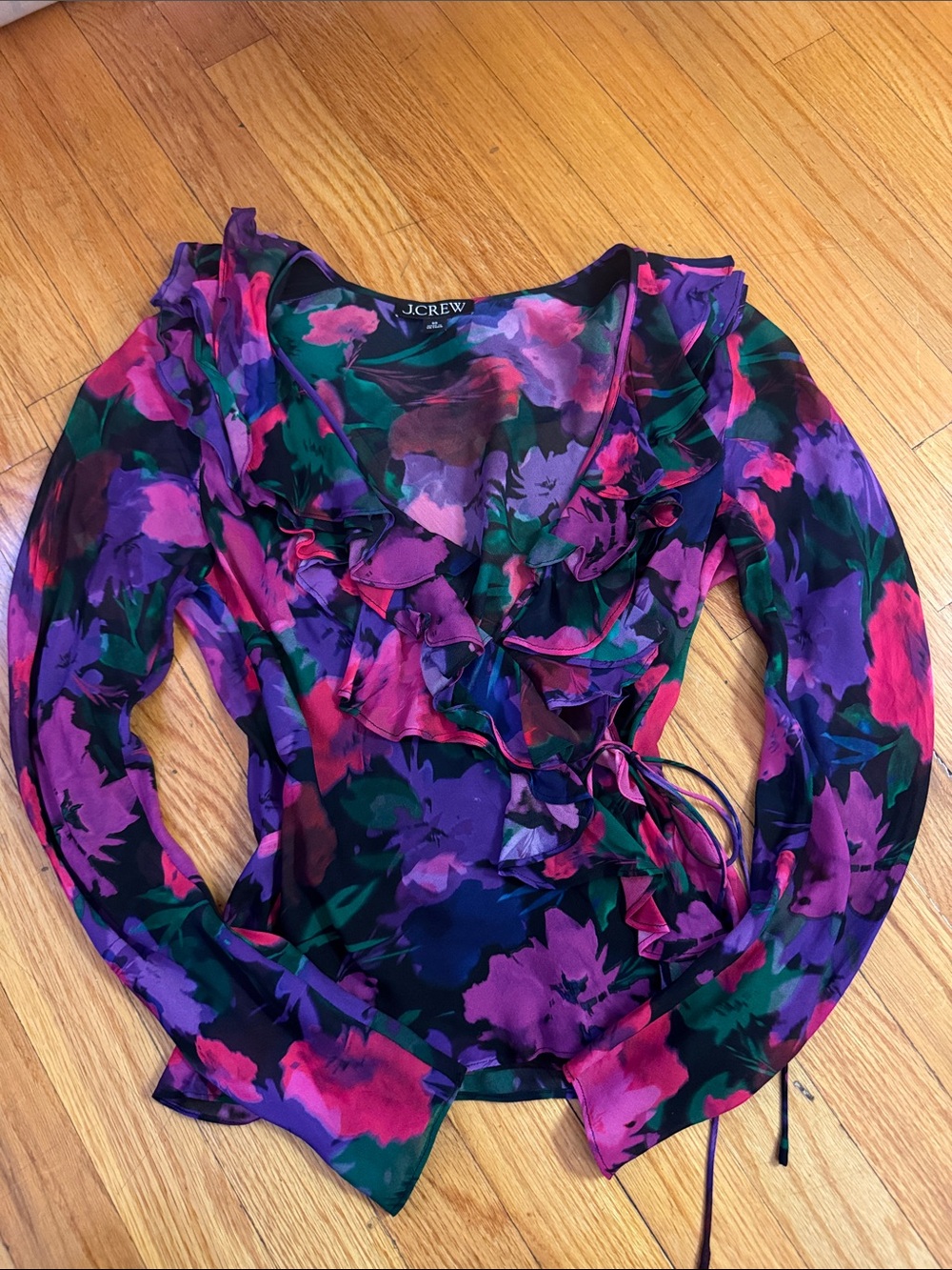 J. Crew Purple and Pink Floral Ruffle Wrap Blouse